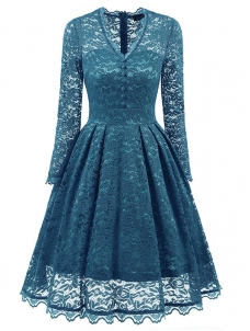 Blue Fashion Lace Trim Patchwork Dress