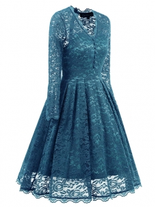 Blue Fashion Lace Trim Patchwork Dress