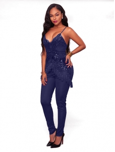 Blue Fashion Sleeveless Regular Jumpsuits 