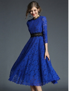 Blue Flower Crochet Hollow Out Patchwork Dress