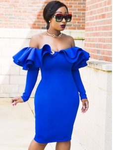 Blue M-XXL Sexy Bateau Neck Midi Dress