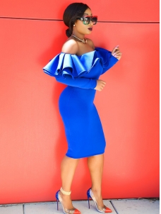 Blue M-XXL Sexy Bateau Neck Midi Dress