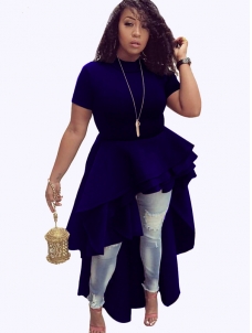 Blue Mandarin Collar Asymmetrical Falbala Maxi Dress