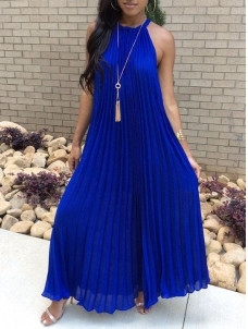 Blue Round Neck Dew Shoulder Sleeveless Maxi Dress