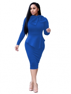 Blue Round Neck Drape Collage Design Dress