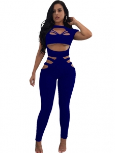 Blue Round Neck Hollow-out Jumpsuits 