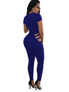 Blue Round Neck Hollow-out Jumpsuits 