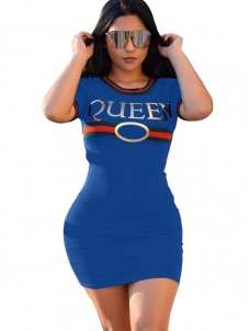 Blue Round Neck Letters Printed Casual Dress