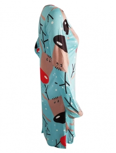 Blue Round Neck Long Sleeves Polyester Printed Casual Dress