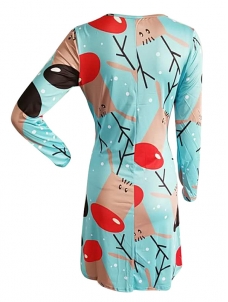 Blue Round Neck Long Sleeves Polyester Printed Casual Dress