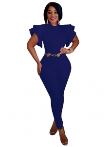 Blue Round Neck Lotus Leaf Sleeves Jumpsuits