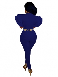 Blue Round Neck Lotus Leaf Sleeves Jumpsuits