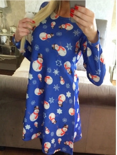 Blue Round Neck Printed Blue Casual Dress 