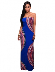 Blue Round Neck Sleeveless Printed Backless Dress