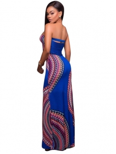 Blue Round Neck Sleeveless Printed Backless Dress