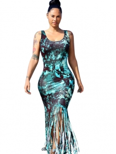 Blue Round Neck Tassel Ankle Length Maxi Dress 