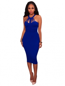 Blue S-XL Sexy Scoop Neck Zipper Midi Dress