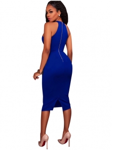 Blue S-XL Sexy Scoop Neck Zipper Midi Dress
