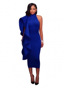 Blue S-XXL Back Zipper Maxi Dress