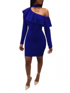 Blue S-XXL Sexy Ruffle Overlay Mini Dress