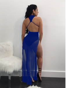 Blue See-Through Twilled Ankle Length Dress