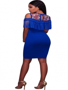 Blue Sexy Dew Shoulder Tassel Mini Dress 