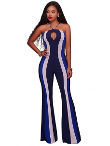 Blue Sexy Hollow-out Striped Milk Fiber One-piece Jumpsuits  