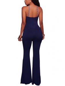 Blue Sexy Hollow-out Striped Milk Fiber One-piece Jumpsuits  