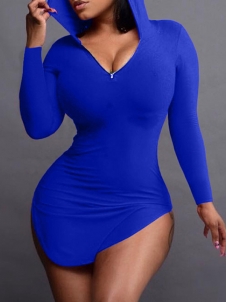 Blue Sexy Hooded Collar Irregular Casual Dress 