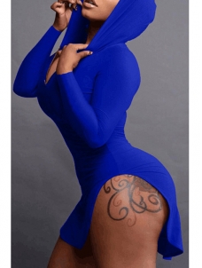 Blue Sexy Hooded Collar Irregular Casual Dress 