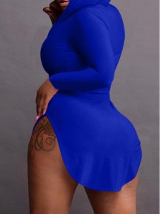 Blue Sexy Hooded Collar Irregular Casual Dress 
