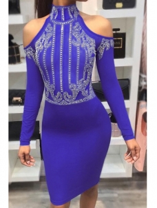 Blue Sexy Turtleneck Hot Drilling Midi Dress