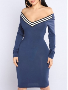 Blue Sexy V Neck Cap Sleeves Striped Midi Dress 
