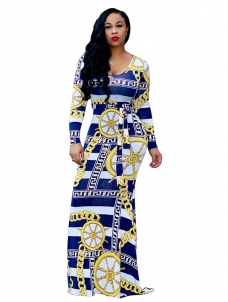 Blue Stylish Round Neck Printed Maxi Dress