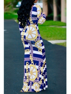 Blue Stylish Round Neck Printed Maxi Dress