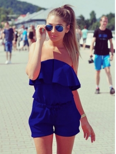 Blue Stylish Strapless Falbala One-piece Jumpsuits