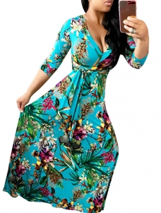 Blue Stylish V Neck Half Sleeves Printed Maxi Dress