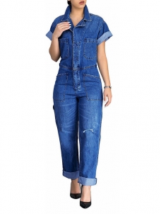 Casual Turndown Collar Blue Denim Jumpsuits