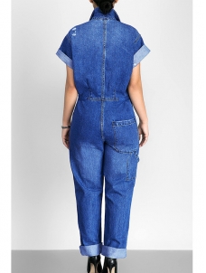 Casual Turndown Collar Blue Denim Jumpsuits