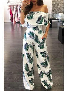 Green Dew Shoulder Print White Milk Jumpsuits