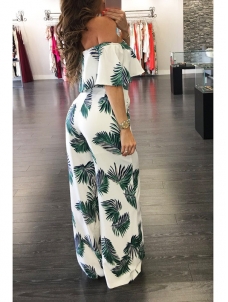 Green Dew Shoulder Print White Milk Jumpsuits