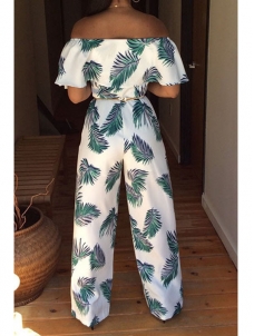 Green Dew Shoulder Print White Milk Jumpsuits