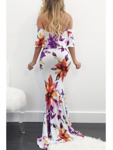 Charming Dew Shoulder Printed White Maxi Dress 