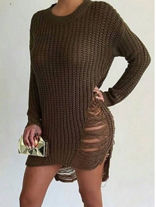 Chic Boat Neck  Broken Holes Brown  Mini Dress