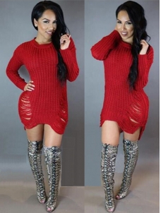 Chic Boat Neck  Broken Holes Red Mini Dress