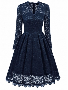 Dark Blue Fashion Lace Trim Patchwork Dress