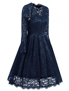 Dark Blue Fashion Lace Trim Patchwork Dress