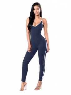 Dark Blue Polyester Striped Skinny Jumpsuits