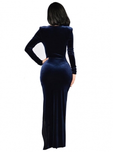 Dark Blue Sexy Long Sleeves Side Split Dress 