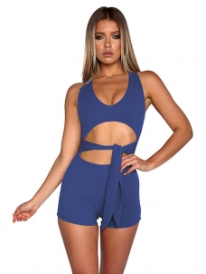 Dark Blue Sexy V Neck Lace-up Hollow-out Jumpsuits